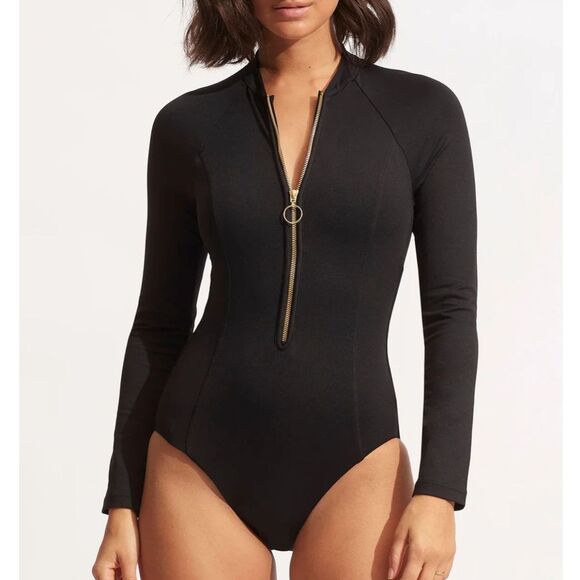 EUC Seafolly Collective Zip Front Surfsuit Rashguard, Black w/ Gold Zip, Sz 12 - Picture 1 of 7